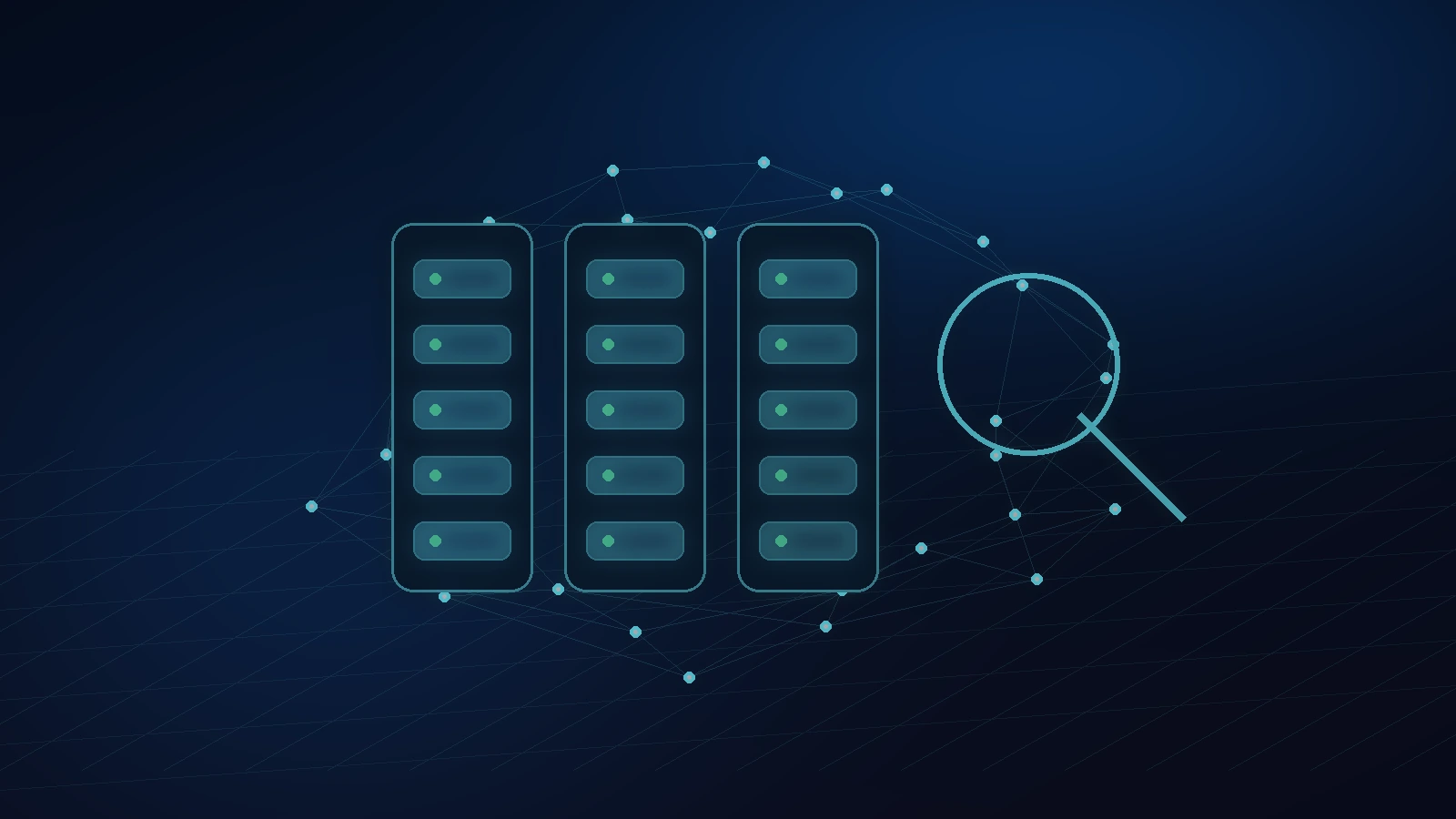 Visualisation abstraite d’une infrastructure informatique sécurisée avec flux réseau et serveurs.
